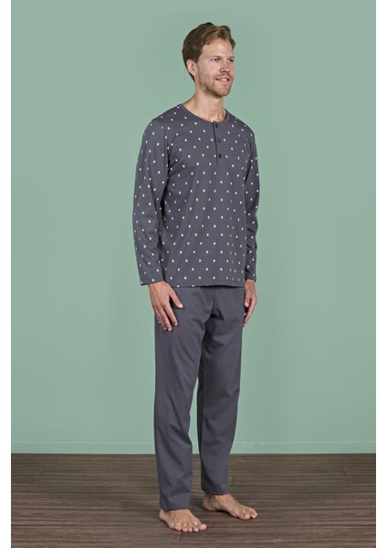 Erkek Füme Uzun Kollu Düğmeli Yaka Desenli Pijama Takımı C9T2N91 modelleri