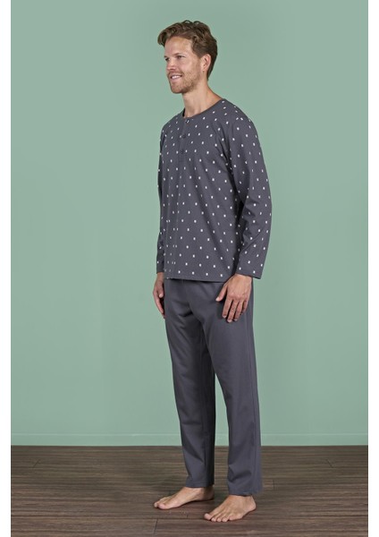 Erkek Füme Uzun Kollu Düğmeli Yaka Desenli Pijama Takımı C9T2N91 fırsatları