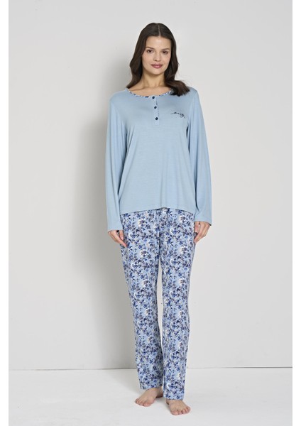 Kadın Büyük Beden Mavi Çiçek Desenli Düğmeli Yaka Uzun Kollu Pijama Takımı C0T1N91