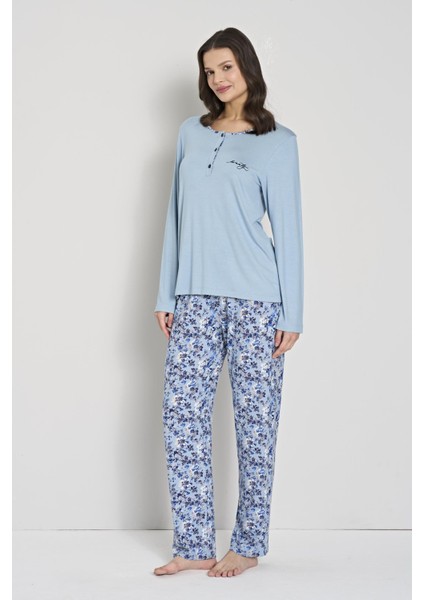 Kadın Büyük Beden Mavi Çiçek Desenli Düğmeli Yaka Uzun Kollu Pijama Takımı C0T1N91 fiyatları