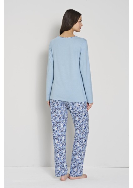 Kadın Büyük Beden Mavi Çiçek Desenli Düğmeli Yaka Uzun Kollu Pijama Takımı C0T1N91 modelleri