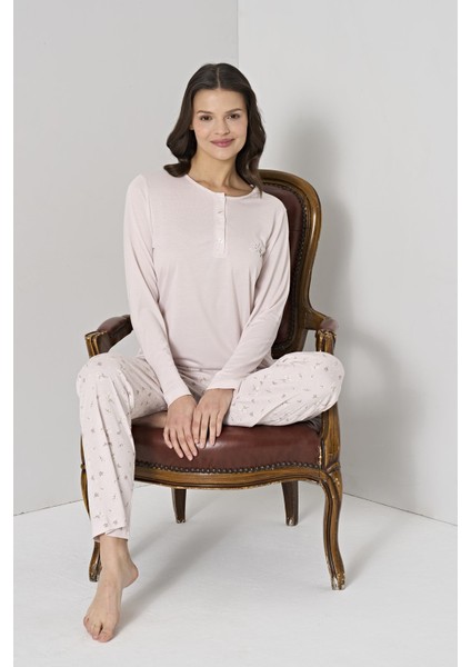 Kadın Lila Renk Pamuk Desenli Düğmeli Pijama Takımı C6T1N91 fırsatları