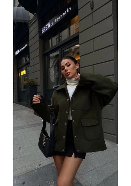 Kaşe Kaşmir Kumaş Cep ve Çıt Çıt Düğme Detay Bleazer Pinterest Ceket Mont - Haki modelleri