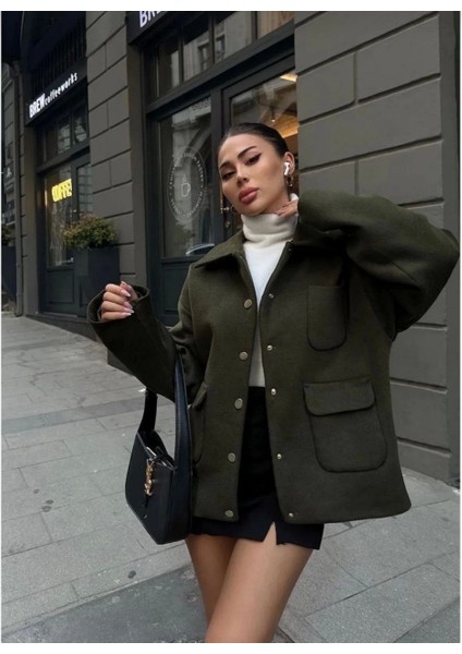 Kaşe Kaşmir Kumaş Cep ve Çıt Çıt Düğme Detay Bleazer Pinterest Ceket Mont - Haki
