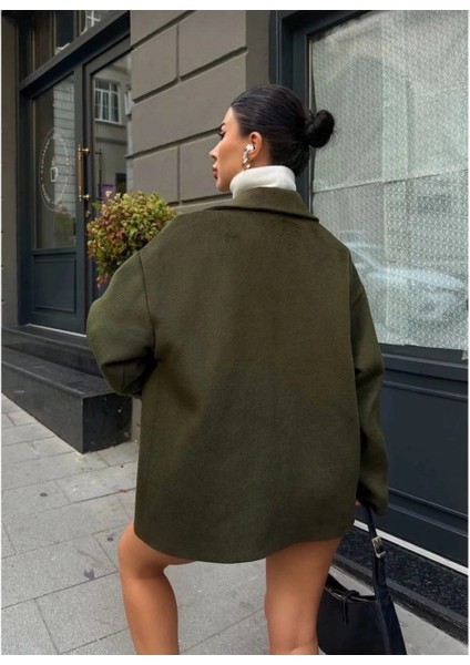 Kaşe Kaşmir Kumaş Cep ve Çıt Çıt Düğme Detay Bleazer Pinterest Ceket Mont - Haki