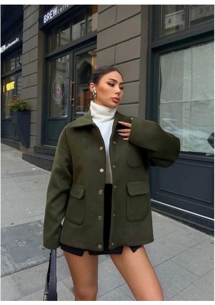 Kaşe Kaşmir Kumaş Cep ve Çıt Çıt Düğme Detay Bleazer Pinterest Ceket Mont - Haki