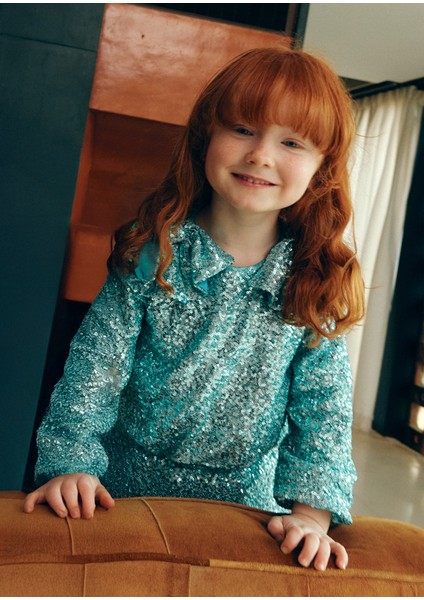 Aqua Payetli Tüllü Içi Penye Astarlı Etek Bluz Takım (04-08 Yaş Beden Aralığı) - Mavi