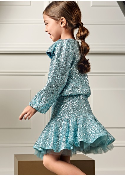 Aqua Payetli Tüllü Içi Penye Astarlı Etek Bluz Takım (04-08 Yaş Beden Aralığı) - Mavi fiyatları