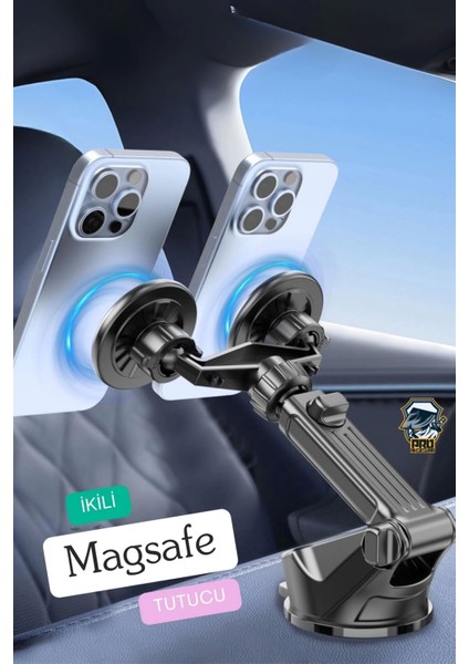 Ikili Manyetik Oynar Başlıklı Mıknatıslı Vantuzlu 360° Magsafe Araç Telefon Tutucu - Siyah