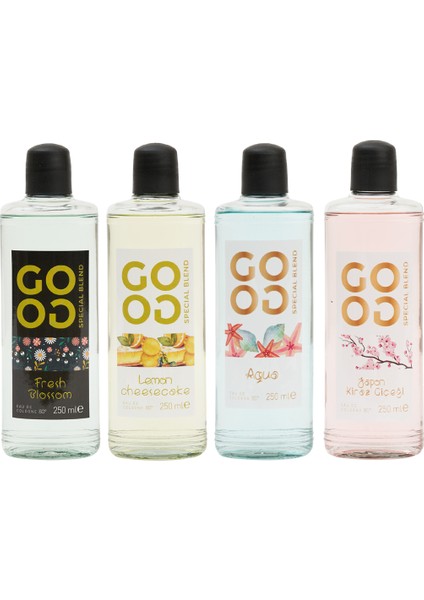 Gogo 4'lü Kolonya Seti 250ML Cam Şişe (Fresh Blossom, Lemon Cheesecake, Aqua, Japon Kiraz Çiçeği)