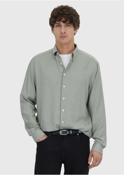 Haki Casual Fit Dokuma Casual Pamuk Karışımlı Gömlek