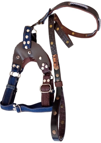 Köpek göğüs tasması gezdirme kayışlı takım deri-kot kombineli göğüs ölçüsü:45-75cm ayarlamalı kayış:125cm Tb1-6 modelleri