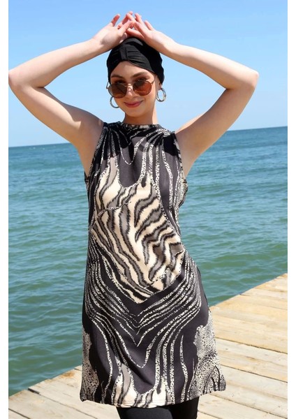 Moda Sıfır Kol Leopar Yarım Tesettür Mayo Siyah