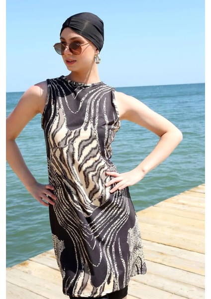 Moda Sıfır Kol Leopar Yarım Tesettür Mayo Siyah fırsatları