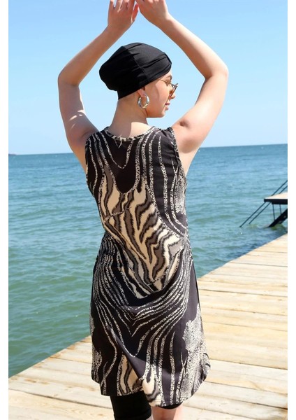 Moda Sıfır Kol Leopar Yarım Tesettür Mayo Siyah indirimleri