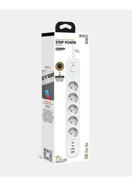 2 mt Uzatma Kablosu Çoklu Priz Yüksek Gerilim Korumalı 5'li Priz 2x USB 2x Type-C Çıkışlı Priz fırsatları