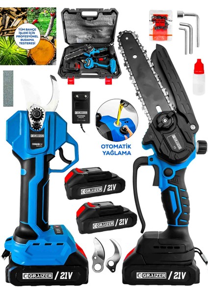 2 Li Set M 21 Vf 2 Akülü Çelik Şanzuman 2 Pala 2 Zincirli Şarjlı Ağaç Dal Kesme Bağ Budama Makası