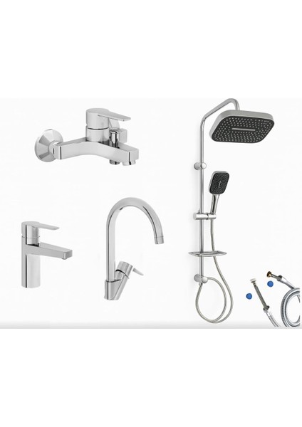 Nora S Banyo Bataryası + Lavabo Bataryası + Eviye Bataryası + Doppo Prime Lux Tepe Duş Sistemi