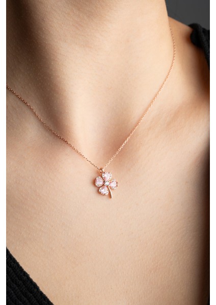 925 Ayar Gümüş Pembe Taşlı Dört Yapraklı Şans Yonca Kolye fiyatları