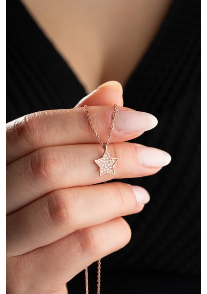 925 Ayar Gümüş Rose Kaplama Minimal Yıldız Kolye