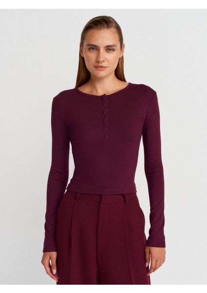 31442 Uzun Kollu Çıtçıt Düğmeli Top-Bordo