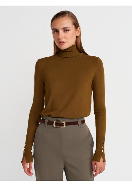 1268 Balıkçı Yaka Kolu Droplu Kazak-Yağ Yeşil