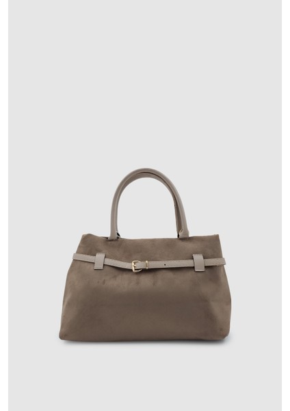 Ivela Süet Kumaş Kemer Detaylı Çapraz Askılı El ve Kol Çantası Vizon