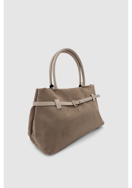 Ivela Süet Kumaş Kemer Detaylı Çapraz Askılı El ve Kol Çantası Vizon fiyatları