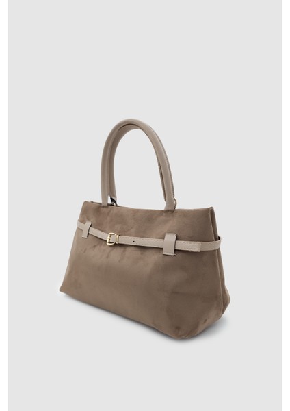 Ivela Süet Kumaş Kemer Detaylı Çapraz Askılı El ve Kol Çantası Vizon modelleri