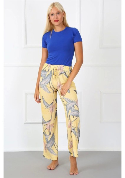 Moda Bayan Penye Bol Paça Pantolon Sarı