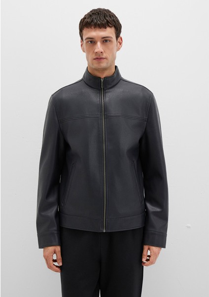 Dik Yaka Siyah Suni Deri Ceket 0110634-71379 modelleri