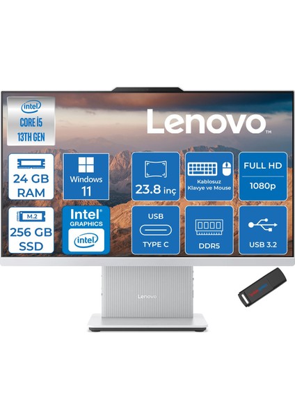 Ideacentre Aıo 24IRH9 Intel Core I5 13420H 24GB Ddr5 256GB SSD Windows 11 Home UHD Graphics 23.8" Fullhd (1920X1080) IPS 100Hz 99% Srgb All In One Bilgisayar F0HN0053TRH06 + Zetta Flash Bellek
