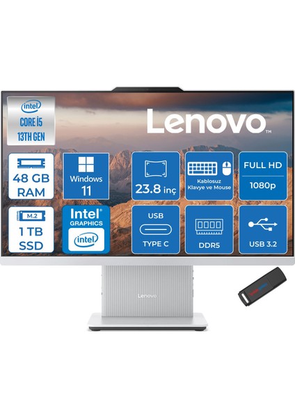 Ideacentre Aıo 24IRH9 Intel Core I5 13420H 48GB Ddr5 1tb SSD Windows 11 Pro UHD Graphics 23.8" Fullhd (1920X1080) IPS 100Hz 99% Srgb All In One Bilgisayar F0HN0053TRP23 + Zetta Flash Bellek
