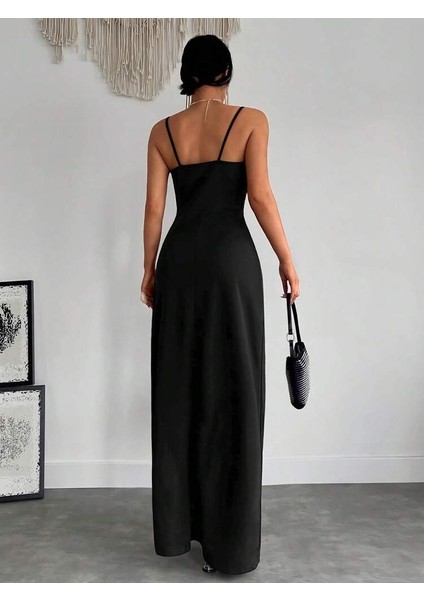 Kadın Askılı Kruvaze Yaka Derin Yırtmaçlı Krep Elbise