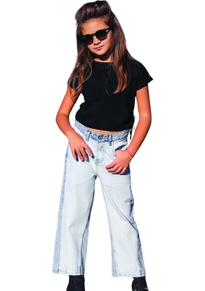 Kız Çocuk Jean Pantolon Buz Mavi Denim Çift Renkli Geniş Paçalı fiyatları