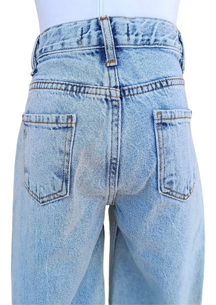 Kız Çocuk Jean Pantolon Buz Mavi Denim Çift Renkli Geniş Paçalı