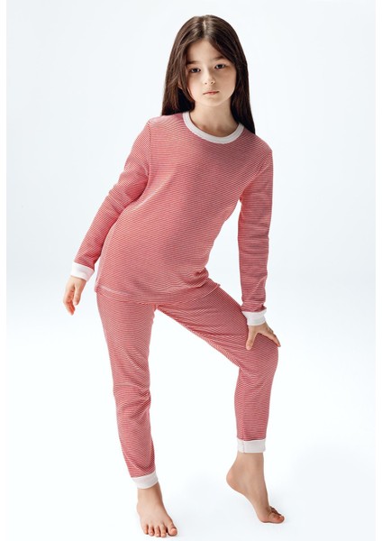 Kız Çocuk Pijama Takımı Kırmızı Çizgili Renk