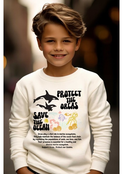 Protect The Orcas Baskılı 3 Iplik Ekru Sweat (Çocuk -Yetişkin)