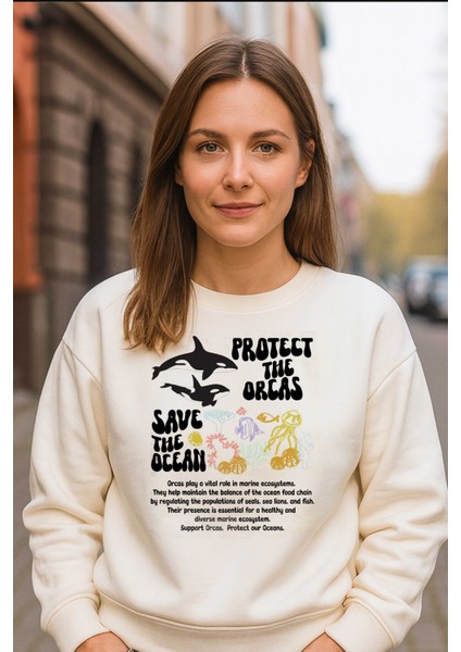 Protect The Orcas Baskılı 3 Iplik Ekru Sweat (Çocuk -Yetişkin) modelleri