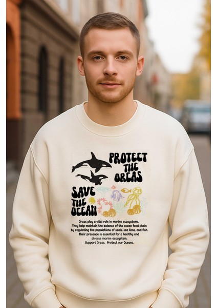 Protect The Orcas Baskılı 3 Iplik Ekru Sweat (Çocuk -Yetişkin) fırsatları