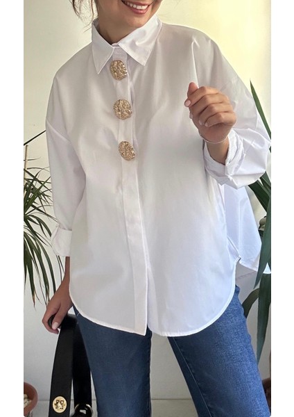 Kadın Gold Aksesuarlı Beyaz Oversıze Gömlek fiyatları