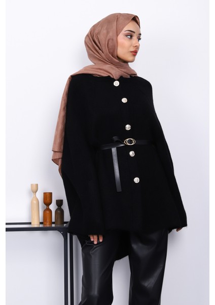 Siyah Kemerli Şordonlu Triko Panço