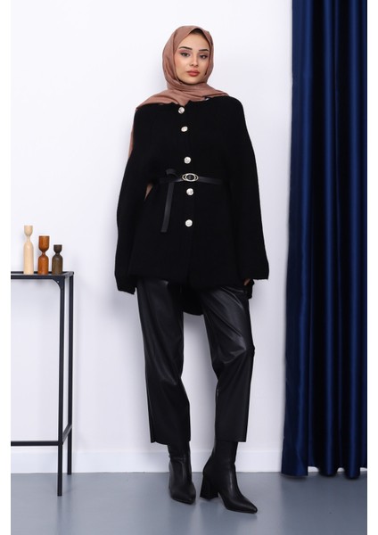 Siyah Kemerli Şordonlu Triko Panço fiyatları