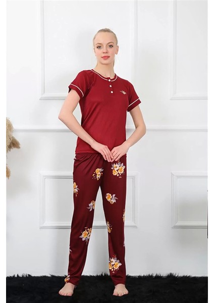 Moda Kadın Bordo Kısa Kol Pijama Takım