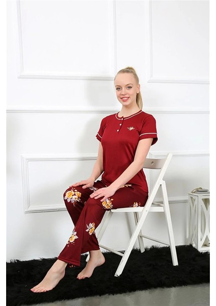 Moda Kadın Bordo Kısa Kol Pijama Takım modelleri