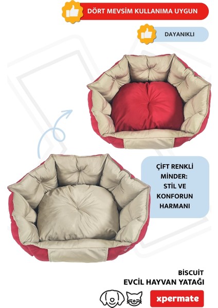 Biscuit Kedi Yatağı ve Köpek Yatağı ,Tüy Tutmaz Kumaş, Su Itici Kumaş Kırmızı Bej indirimleri