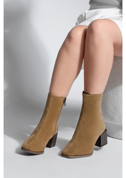 Kadın Topuklu Bot&Bootie Küt Burun Ahşap Desen Ökçe Fermuarlı Günlük Klasik Bot Noyes Taba Süet