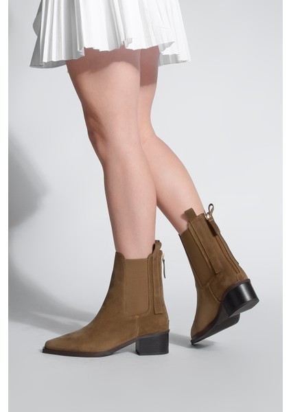 Kadın Sivri Burun Arkadan Fermuarlı Kovboy Çift Lastikli Western Bot Mirona Taba Süet fiyatları