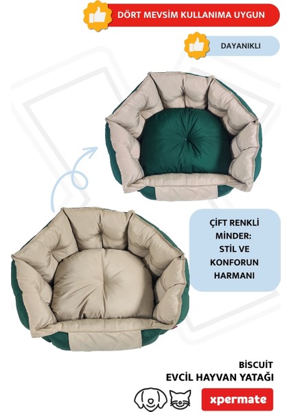 Biscuit Kedi Yatağı ve Köpek Yatağı ,Tüy Tutmaz Kumaş, Su Itici Kumaş Yeşil Bej indirimleri