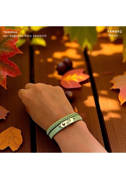 14 Ayar Altın Plakalı Temmuz Ayı Doğumlarına Kelebek Figürlü Yeşil Derili Hediye BILEKLIK-660AY